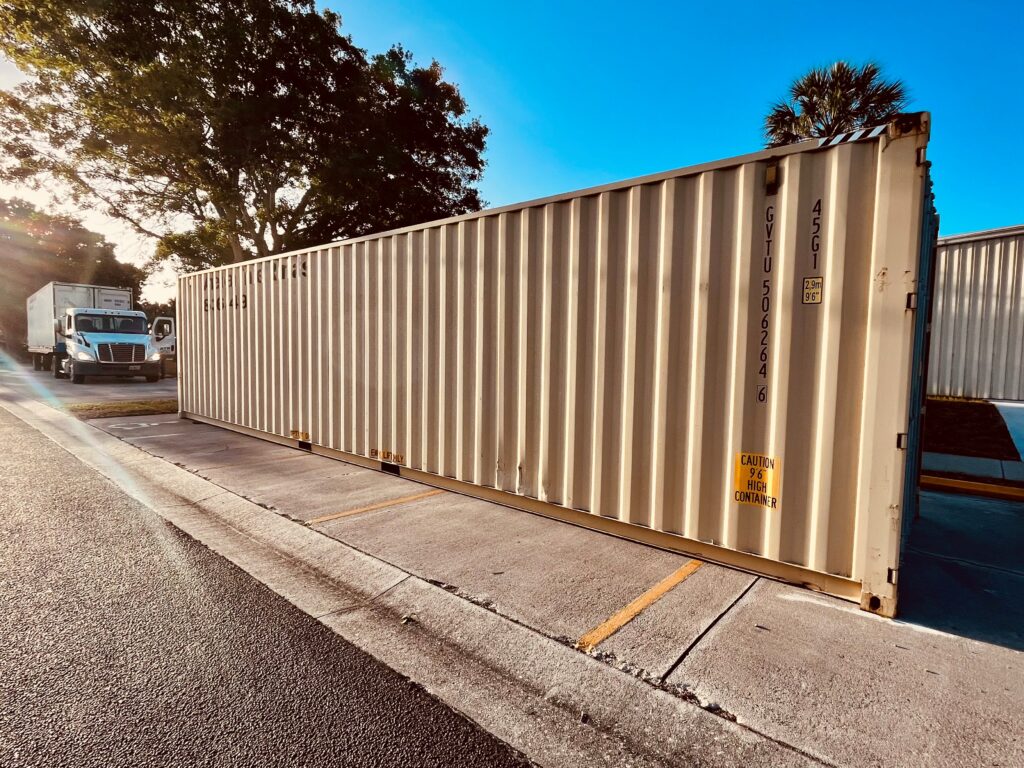 40 ft Tan shipping container at construction site 