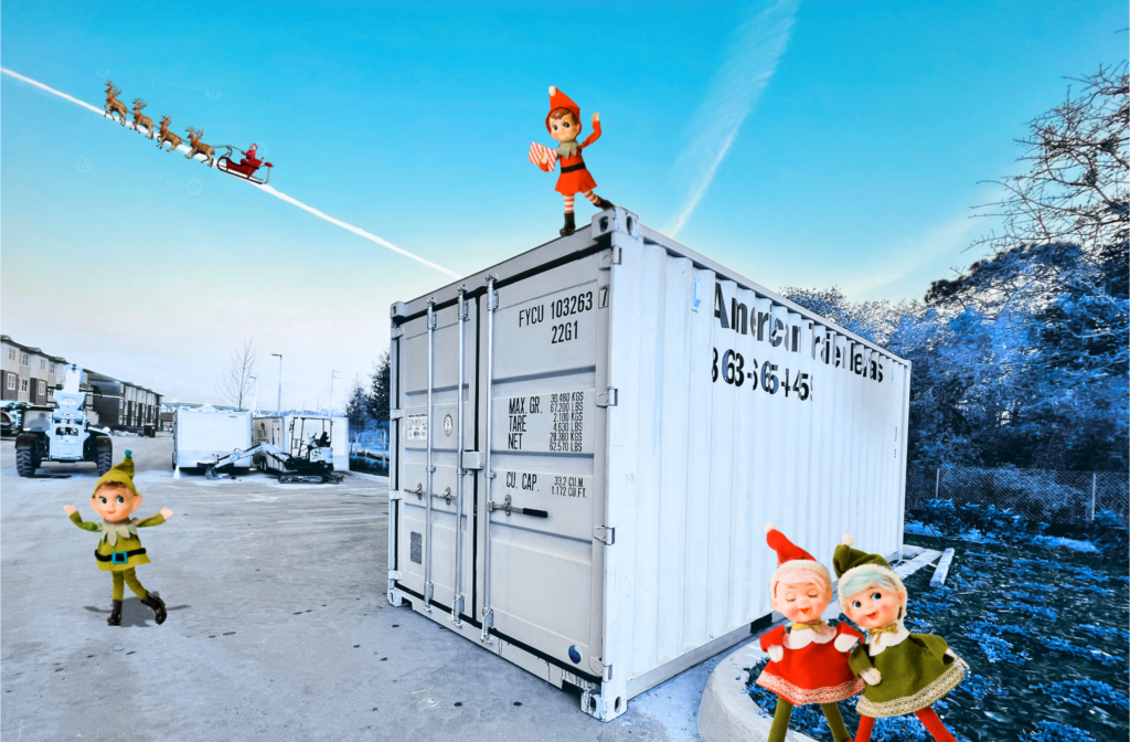 elves dancing on a shipping container. fun. christmas