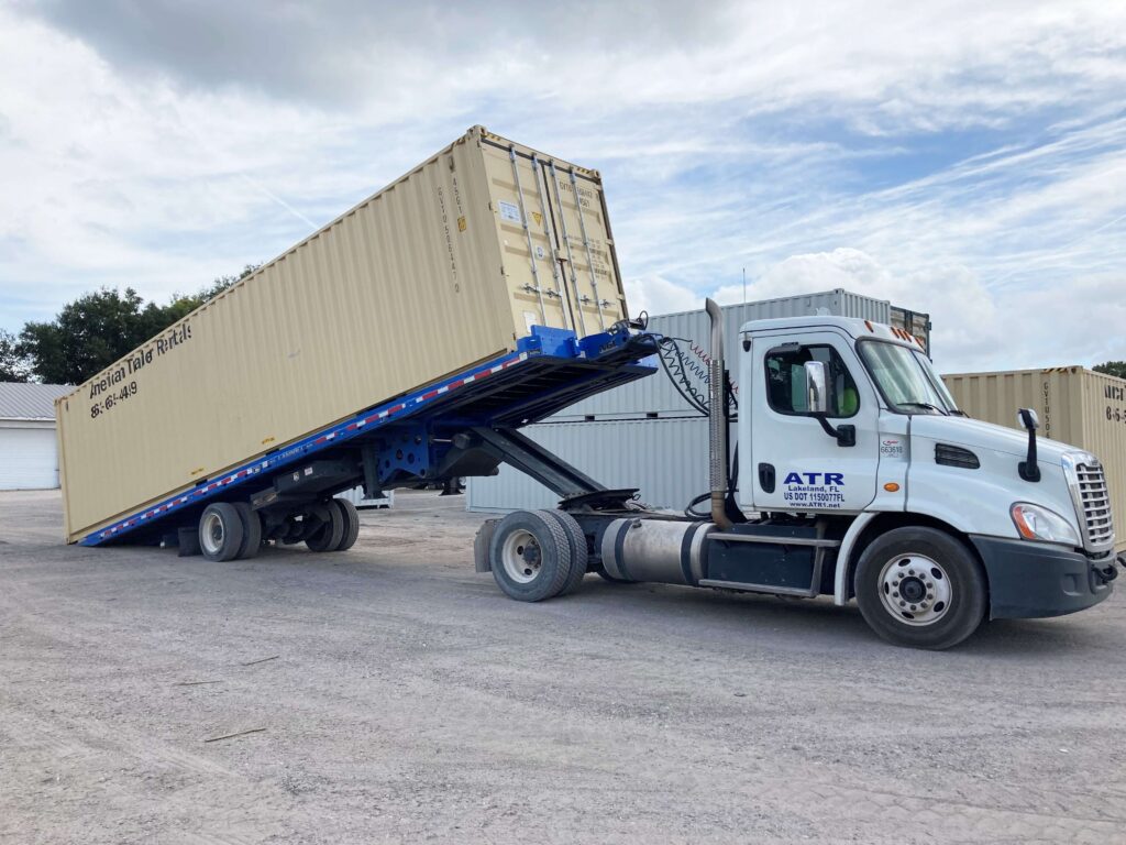 40' Storage container being unloaded